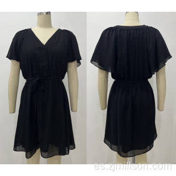 Corcha de cintura V Neck Chiffon Mini Vestidos para mujeres